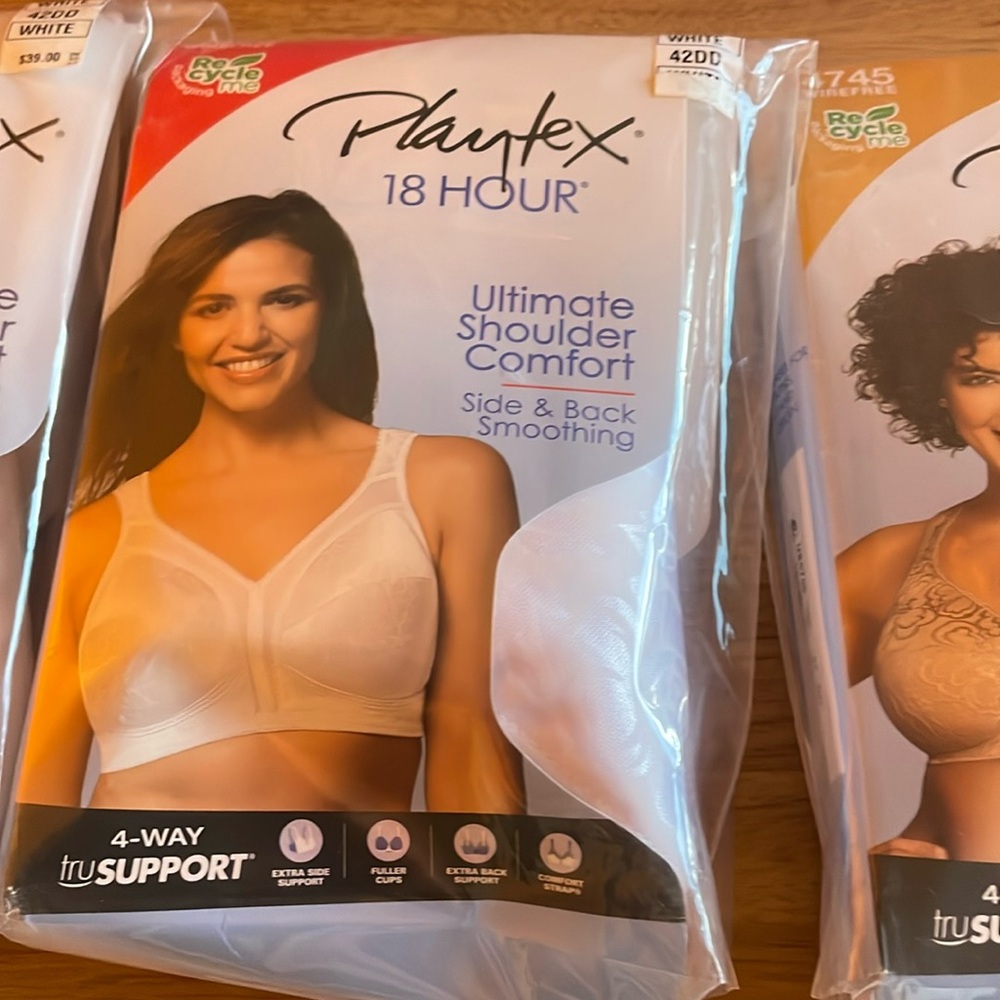 3 white 1 nude color, size 42DD Playtex comfort strap bras, brand new in package